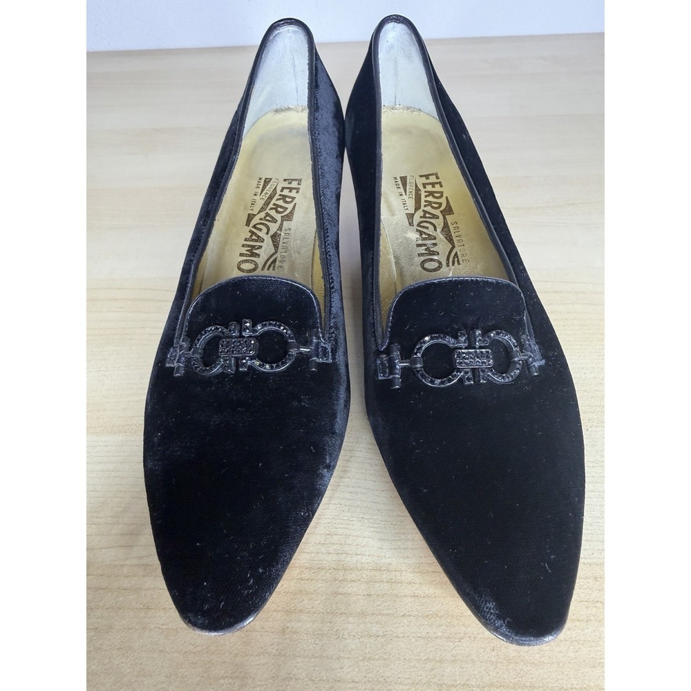 Salvatore Ferragamo Women's Black Velvet Flats Crystal Buckle Made In Italy Sz 9 - Picture 10 of 10